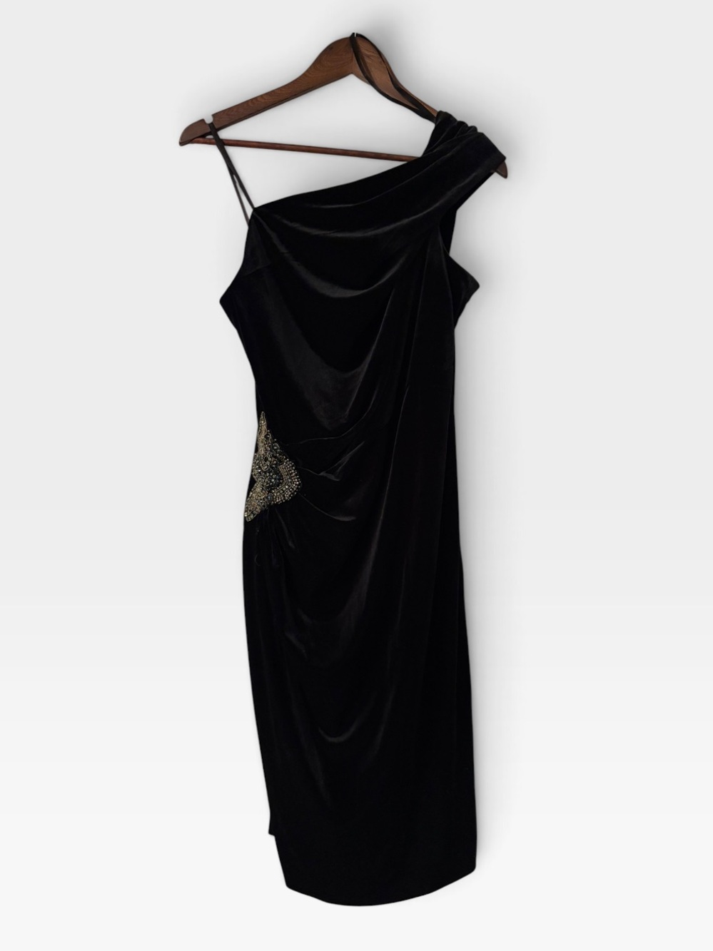 Eliza J Black Velvet One Shoulder Beaded Applique Ruched Cocktail Dress 10